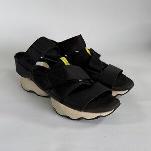 Women’s Sorel Black 8 Platform Sport Sandals with Cream Sole and Yellow Accents